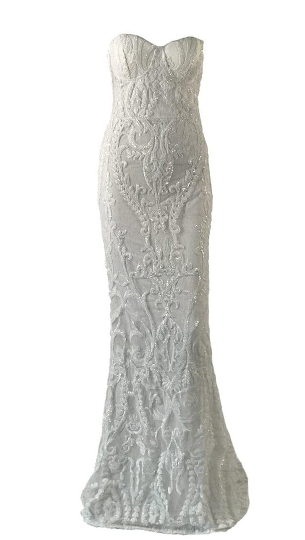 White Sequin Lace Strapless Maxi Dress