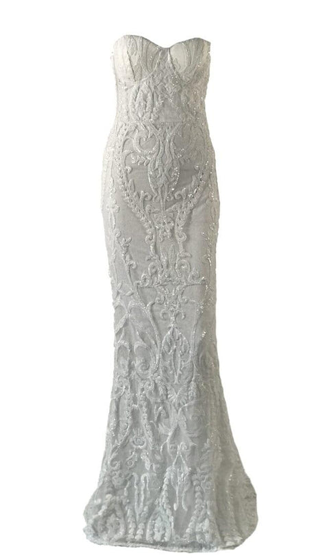 WHITE SEQUIN LACE STRAPLESS MAXI DRESS