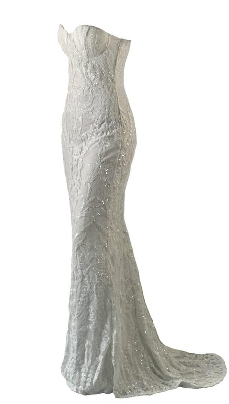 WHITE SEQUIN LACE STRAPLESS MAXI DRESS