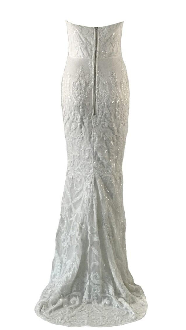 White Sequin Lace Strapless Maxi Dress
