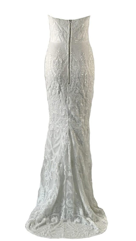 WHITE SEQUIN LACE STRAPLESS MAXI DRESS