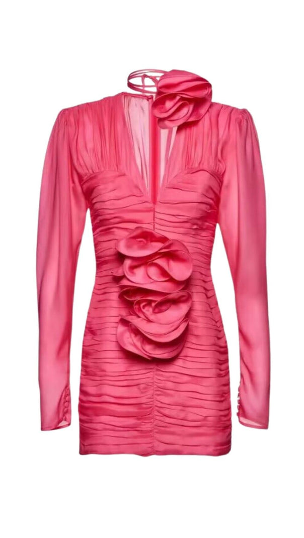AIIZIE V NECK PINK RUCHED MINI DRESS - product image
