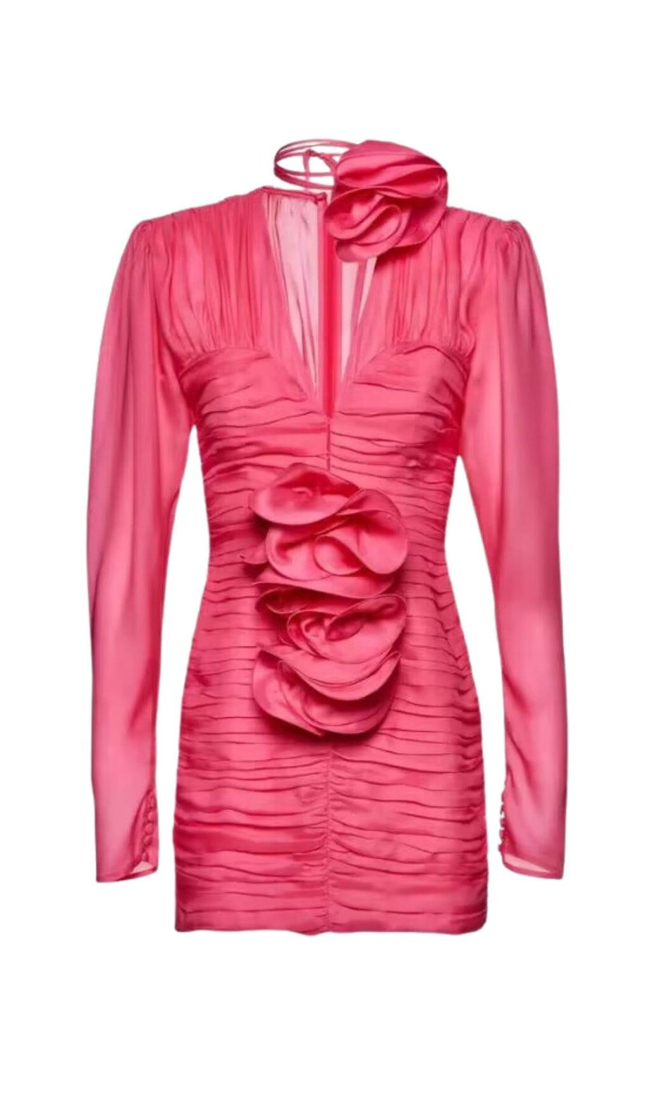 Rosa Minikleid mit Rüschen und V-Ausschnitt