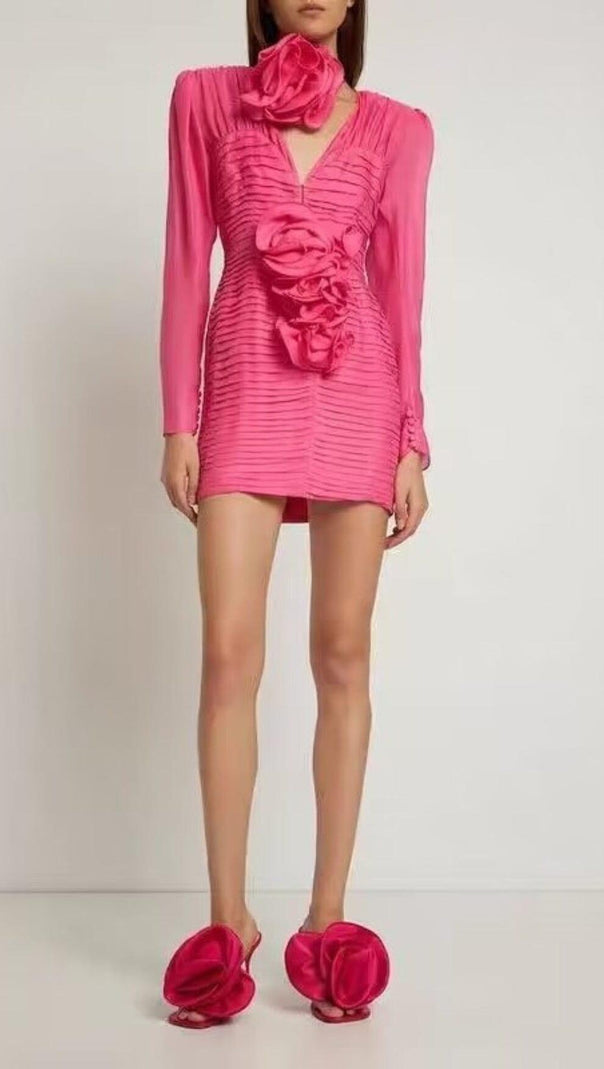 AIIZIE V NECK PINK RUCHED MINI DRESS - product image