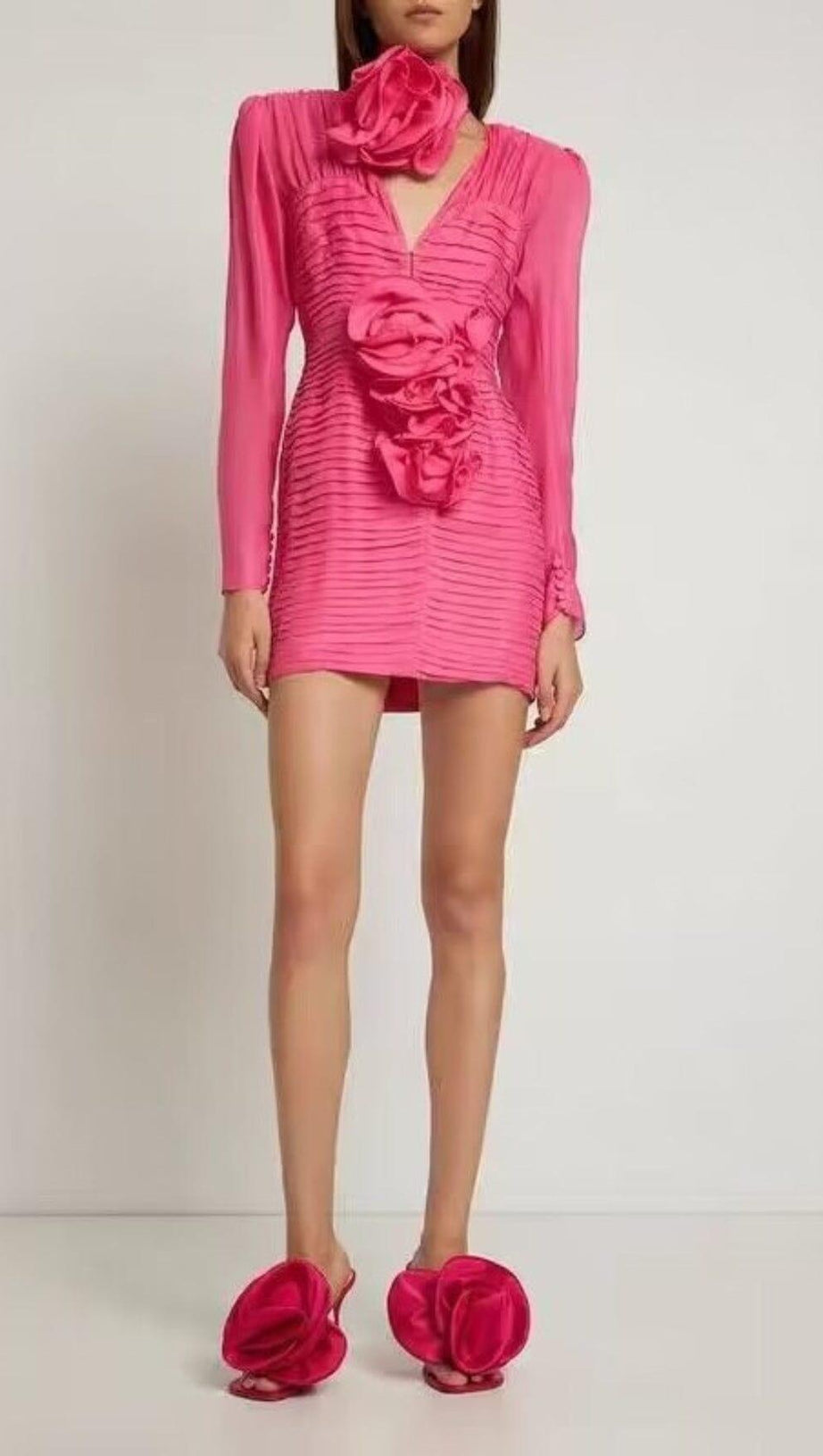 V NECK PINK RUCHED MINI DRESS
