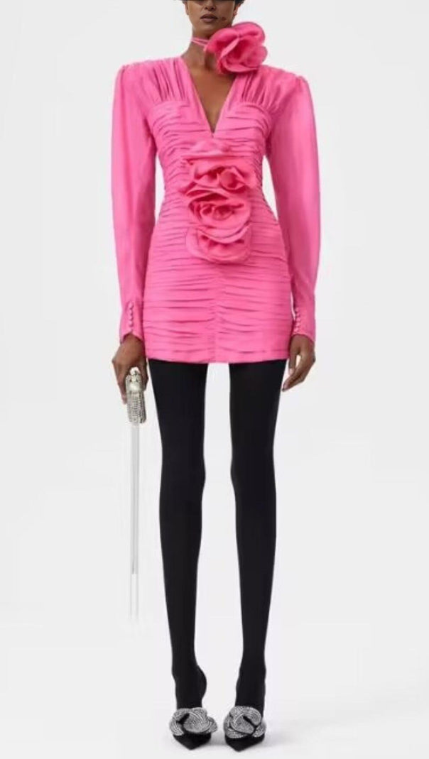 AIIZIE V NECK PINK RUCHED MINI DRESS - product image