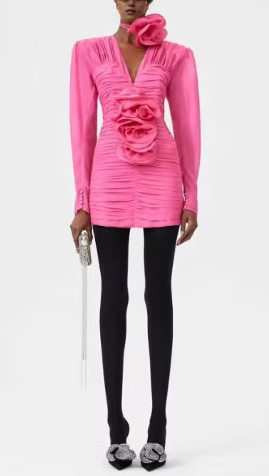 V NECK PINK RUCHED MINI DRESS