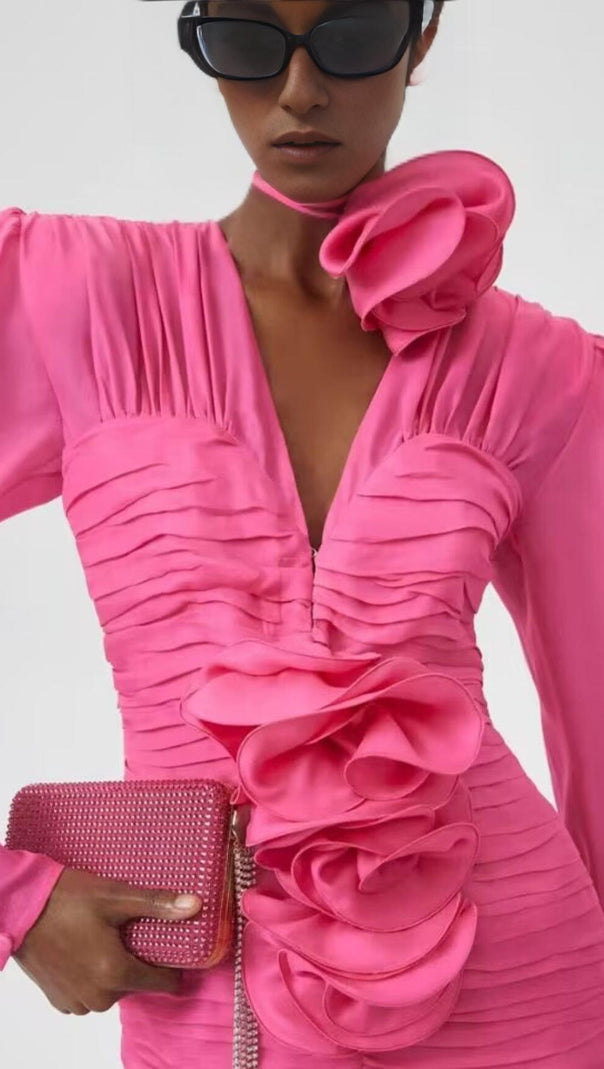 AIIZIE V NECK PINK RUCHED MINI DRESS - product image