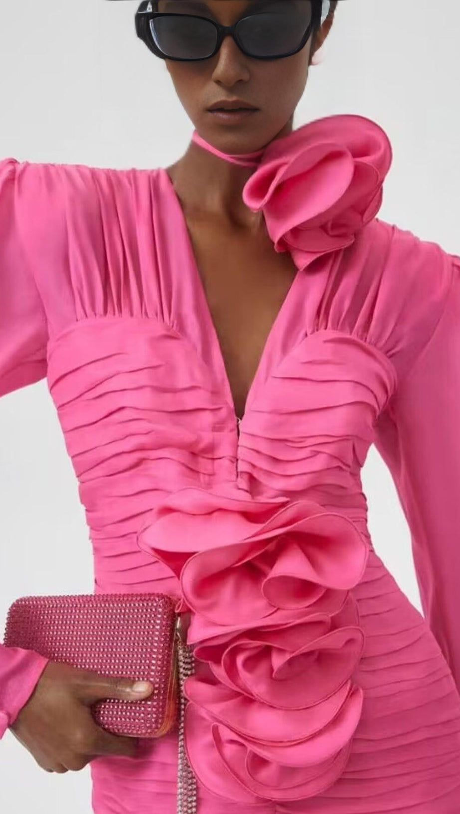 V NECK PINK RUCHED MINI DRESS