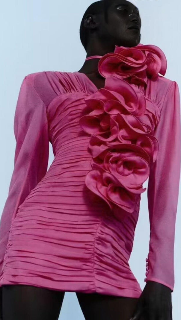 AIIZIE V NECK PINK RUCHED MINI DRESS - product image