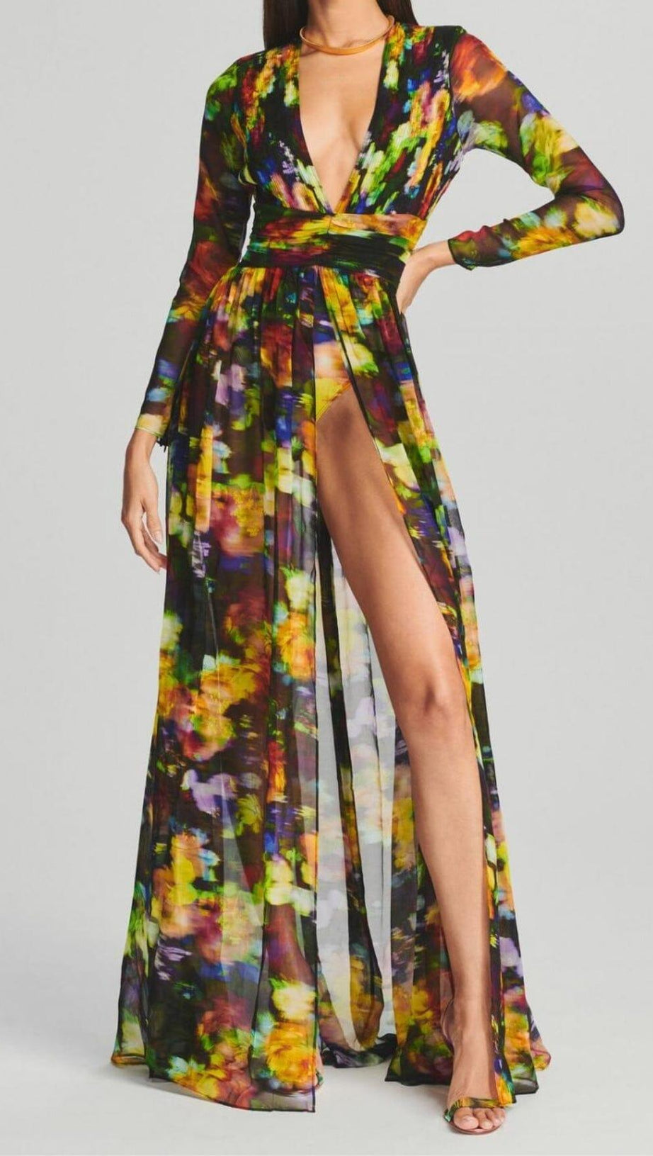 LONG SLEEVE CHIFFON MAXI DRESS IN MULTICOLOR