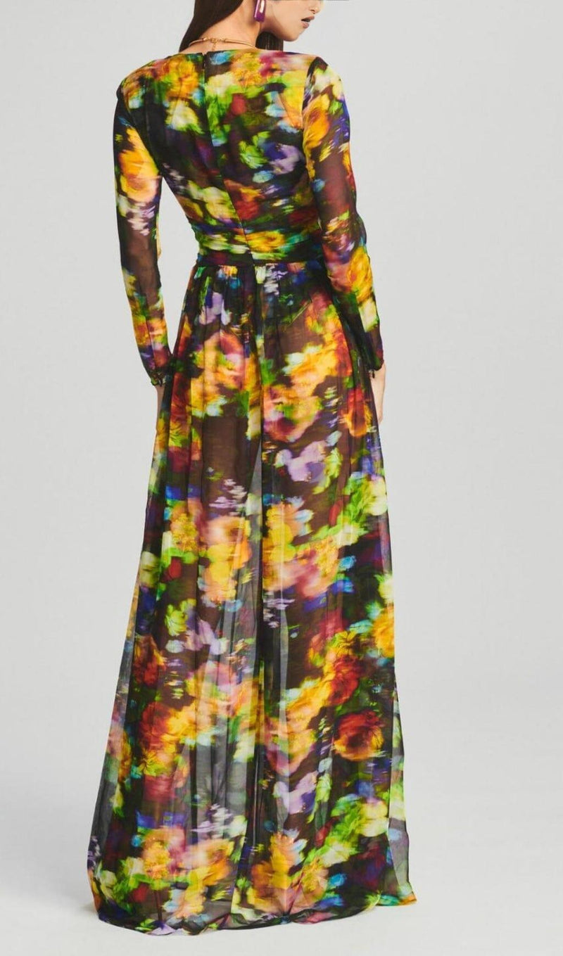 LONG SLEEVE CHIFFON MAXI DRESS IN MULTICOLOR