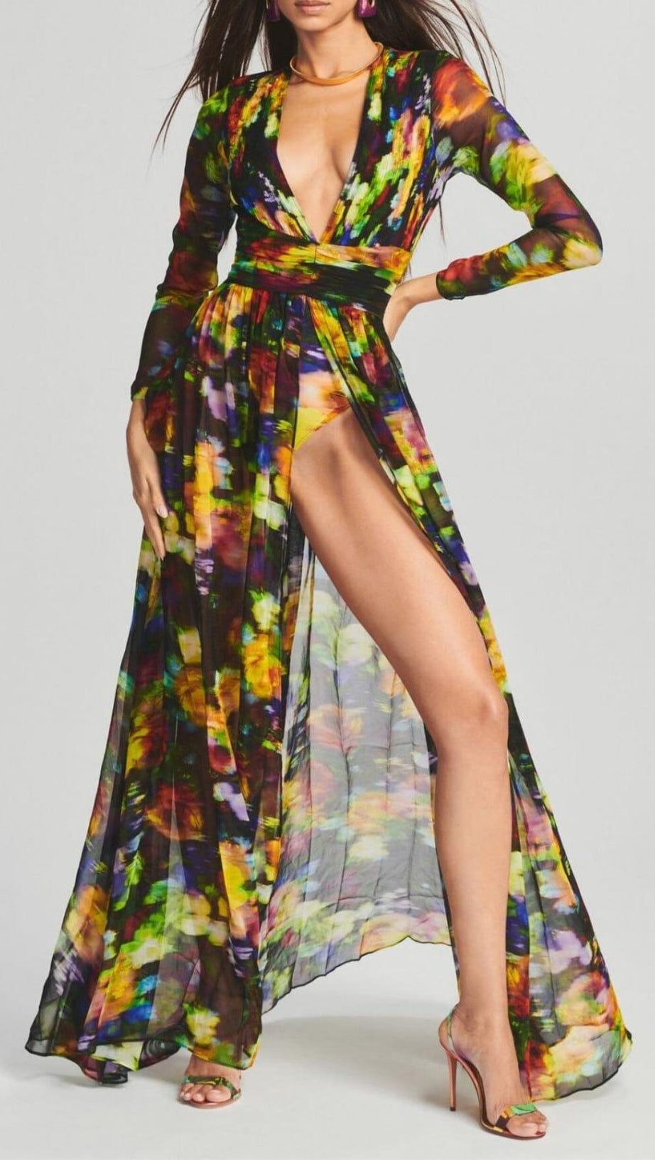 LONG SLEEVE CHIFFON MAXI DRESS IN MULTICOLOR