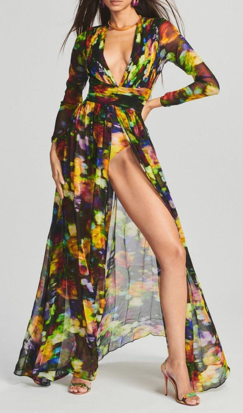 LONG SLEEVE CHIFFON MAXI DRESS IN MULTICOLOR