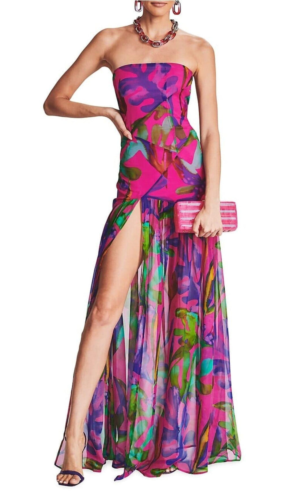 FLORAL-PRINT SILK CHIFFON MAXI DRESS IN RED