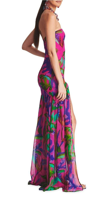 FLORAL-PRINT SILK CHIFFON MAXI DRESS IN RED