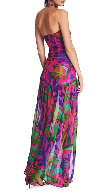 FLORAL-PRINT SILK CHIFFON MAXI DRESS IN RED