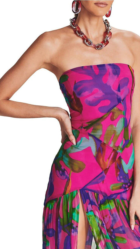 FLORAL-PRINT SILK CHIFFON MAXI DRESS IN RED