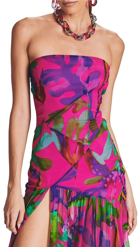 FLORAL-PRINT SILK CHIFFON MAXI DRESS IN RED