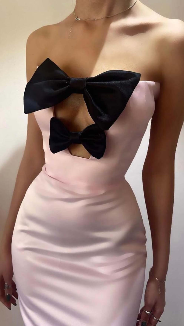 AIIZIE BOW-EMBELLISHED SATIN MIDI DRESS IN PINK - product image
