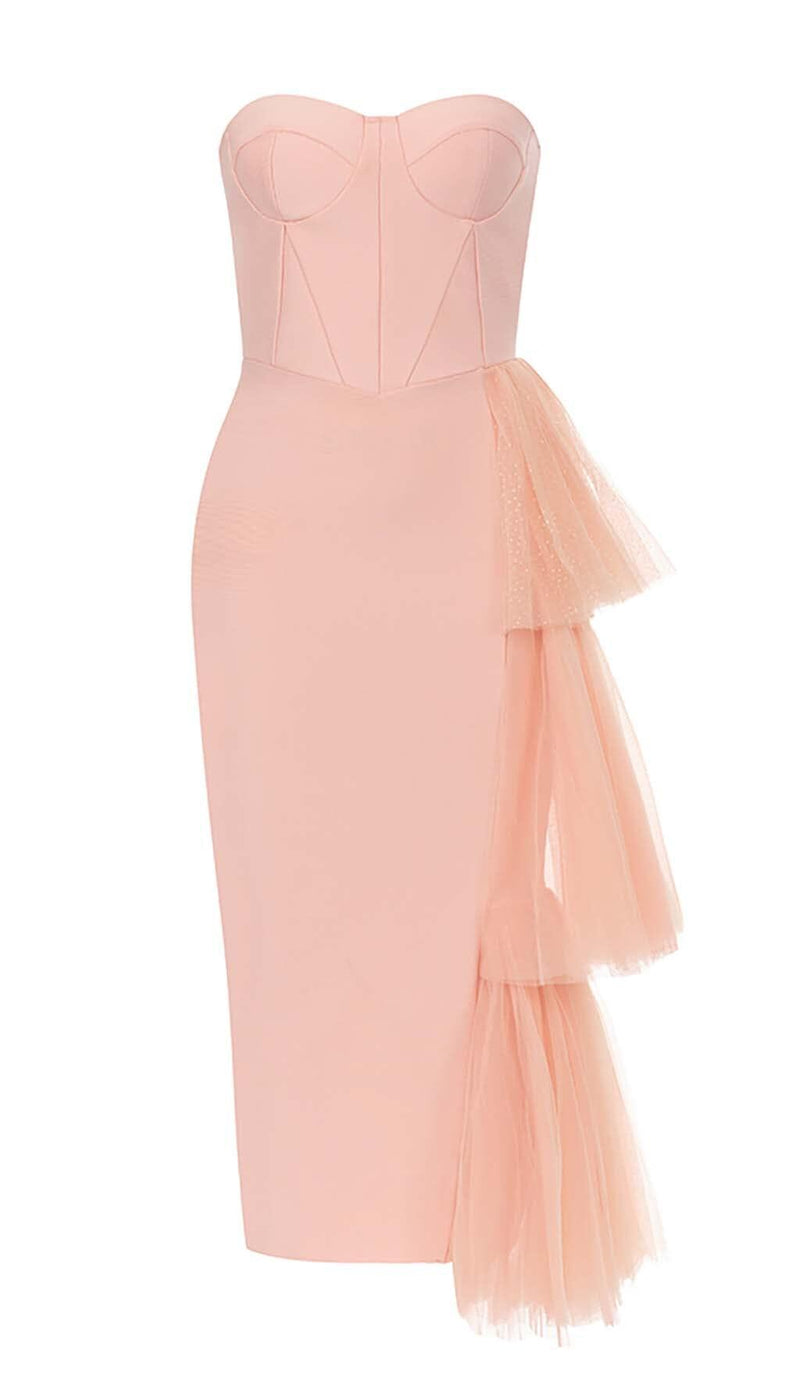 ASYMMETRICAL CORSET MIDI DRESS IN PINK