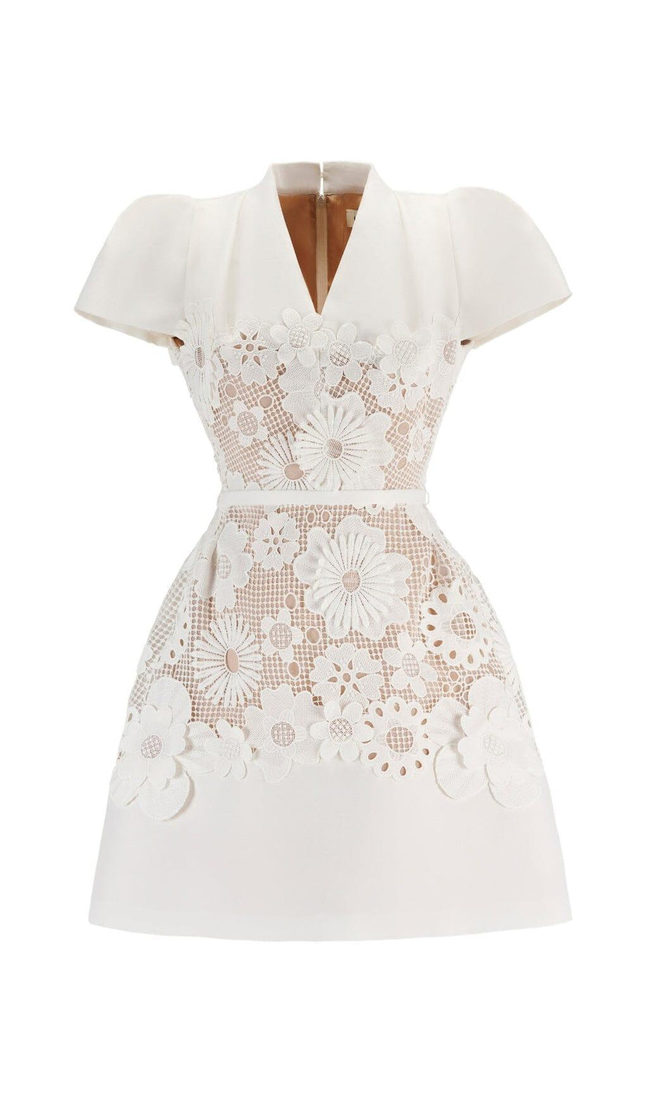 MINIKLEID AUS SPITZE MIT AUSHÖHLEN UND BLUMEN IN WEISS