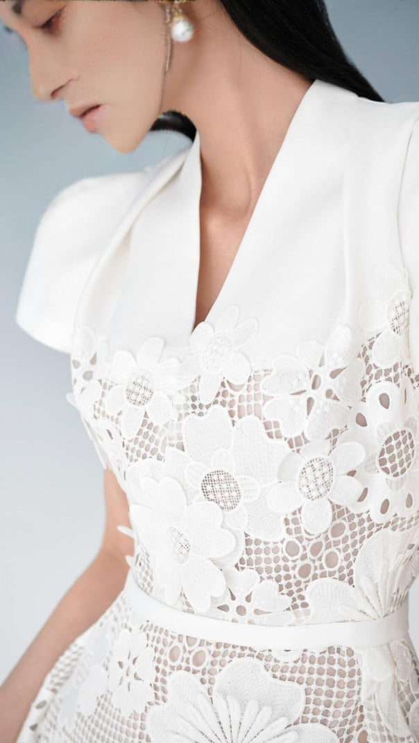 AIIZIE LACE HOLLOW OUT FLOWER MINI DRESS IN WHITE - product image