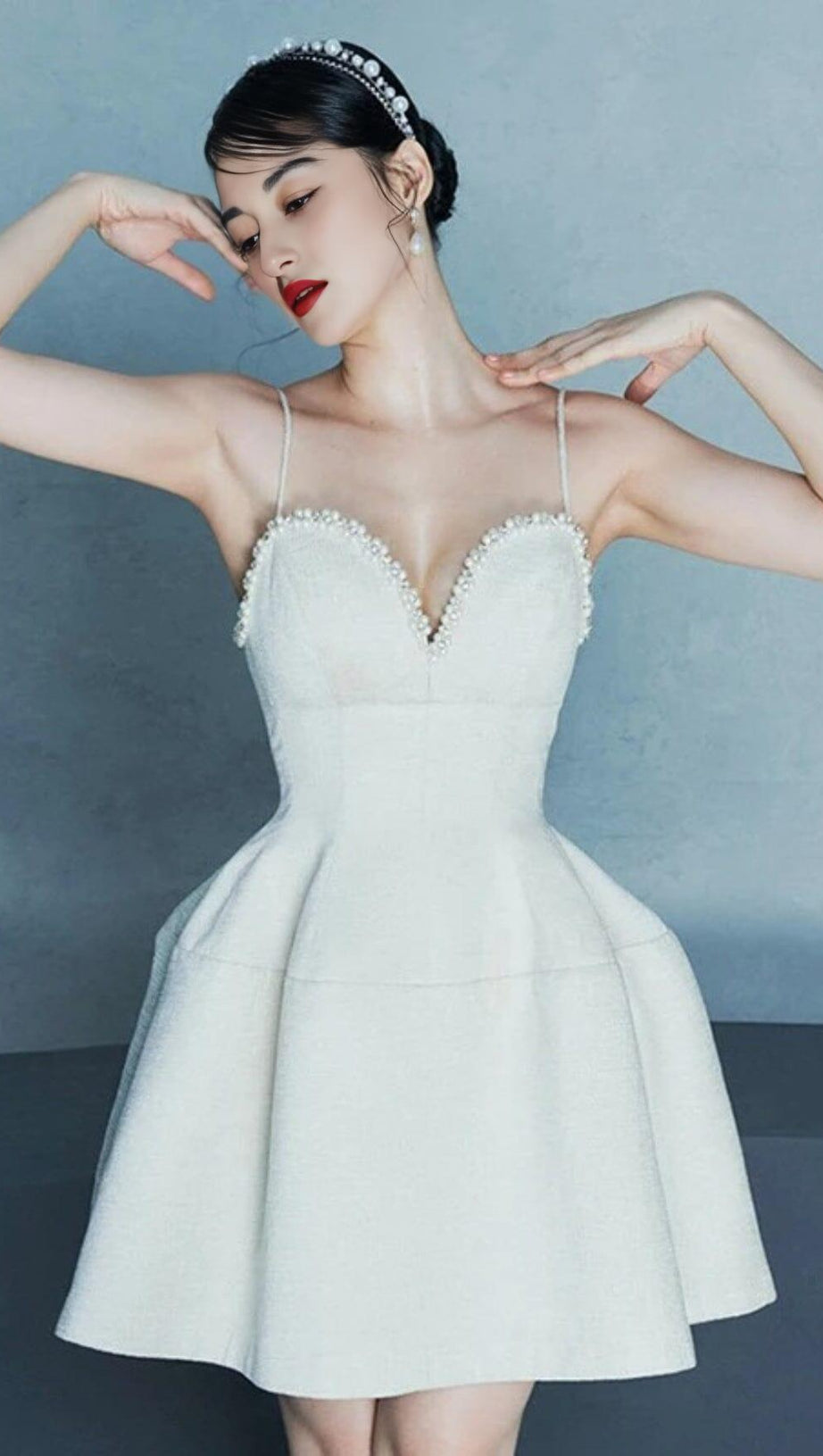 PEARL EMBELLISHED HTM MINI DRESS IN WHITE