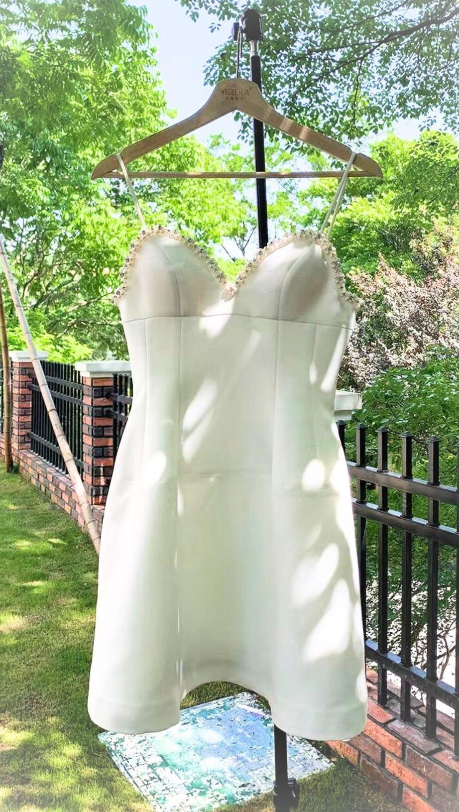 PEARL EMBELLISHED HTM MINI DRESS IN WHITE