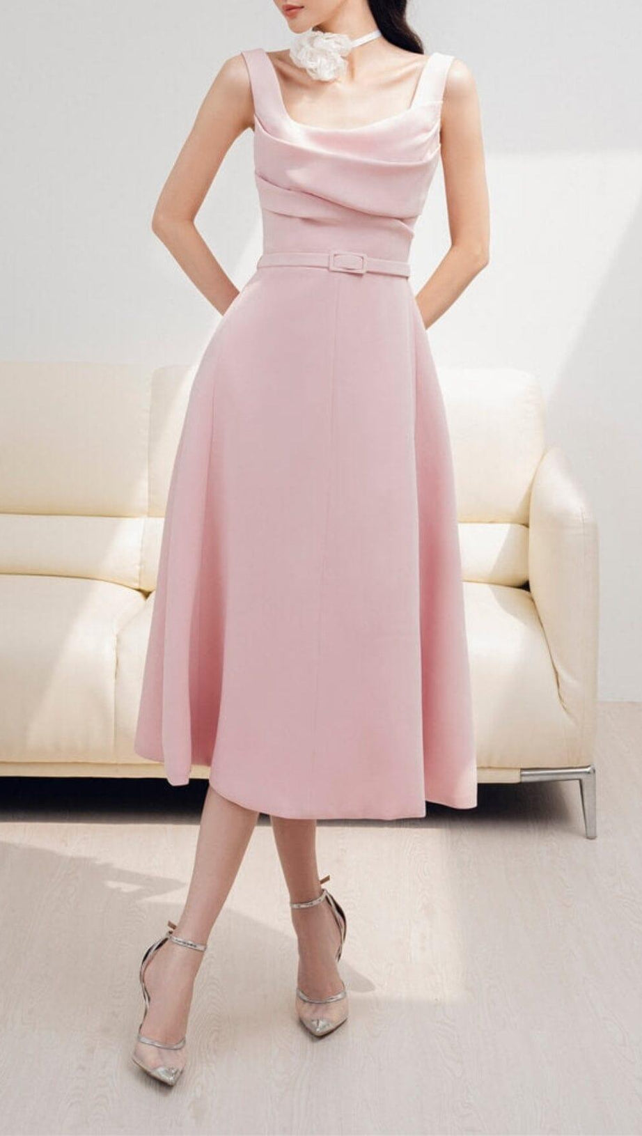 RUCHED STRAPPY MIDI DRESS IN PINK