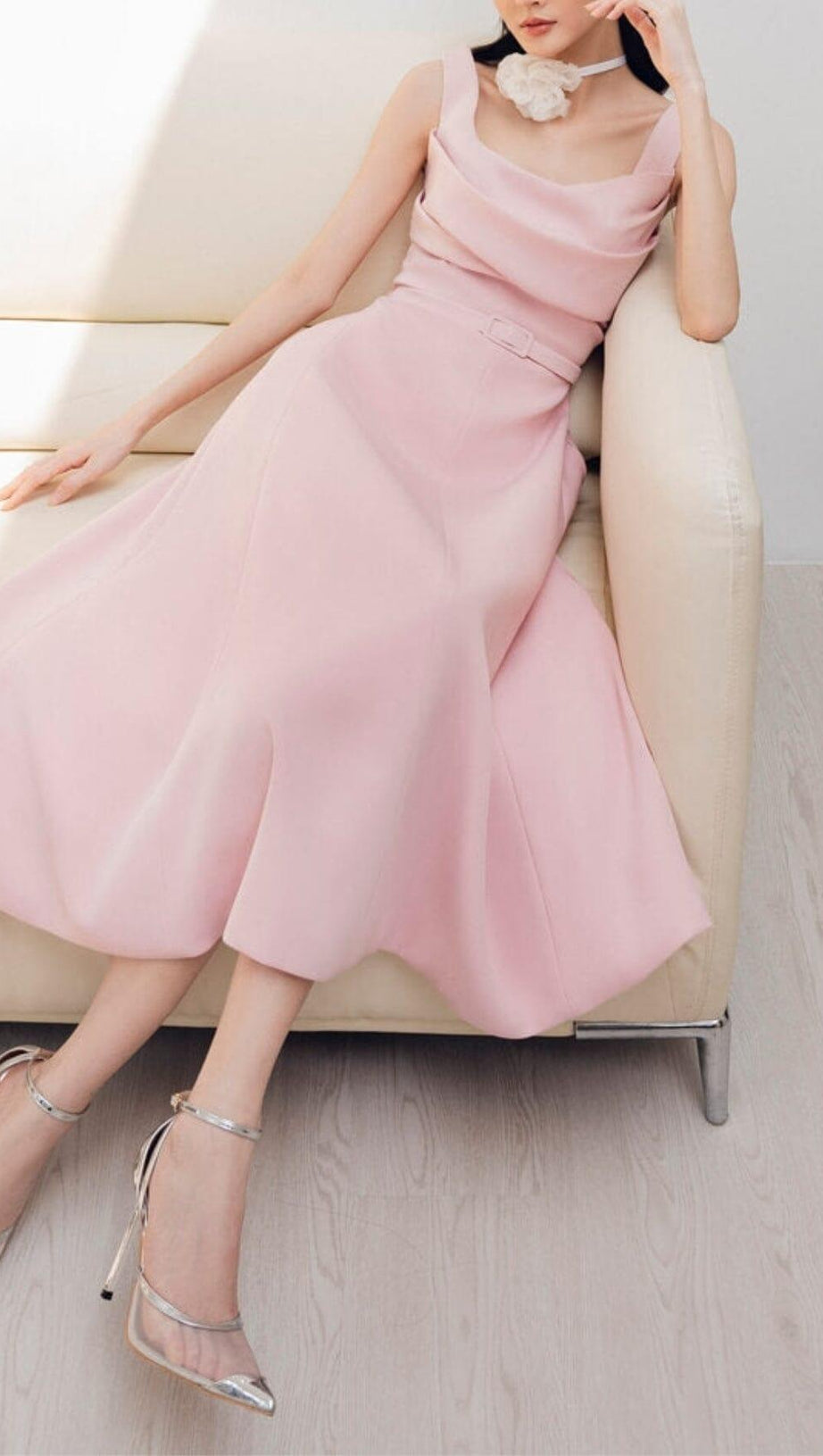 RUCHED STRAPPY MIDI DRESS IN PINK