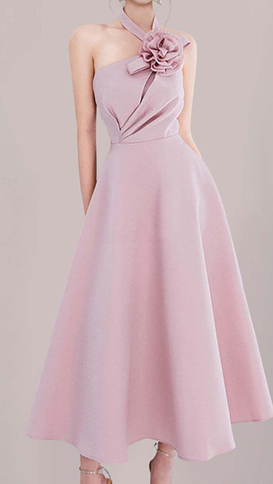 HALTER 3D FLOWER MIDI DRESS IN PINK