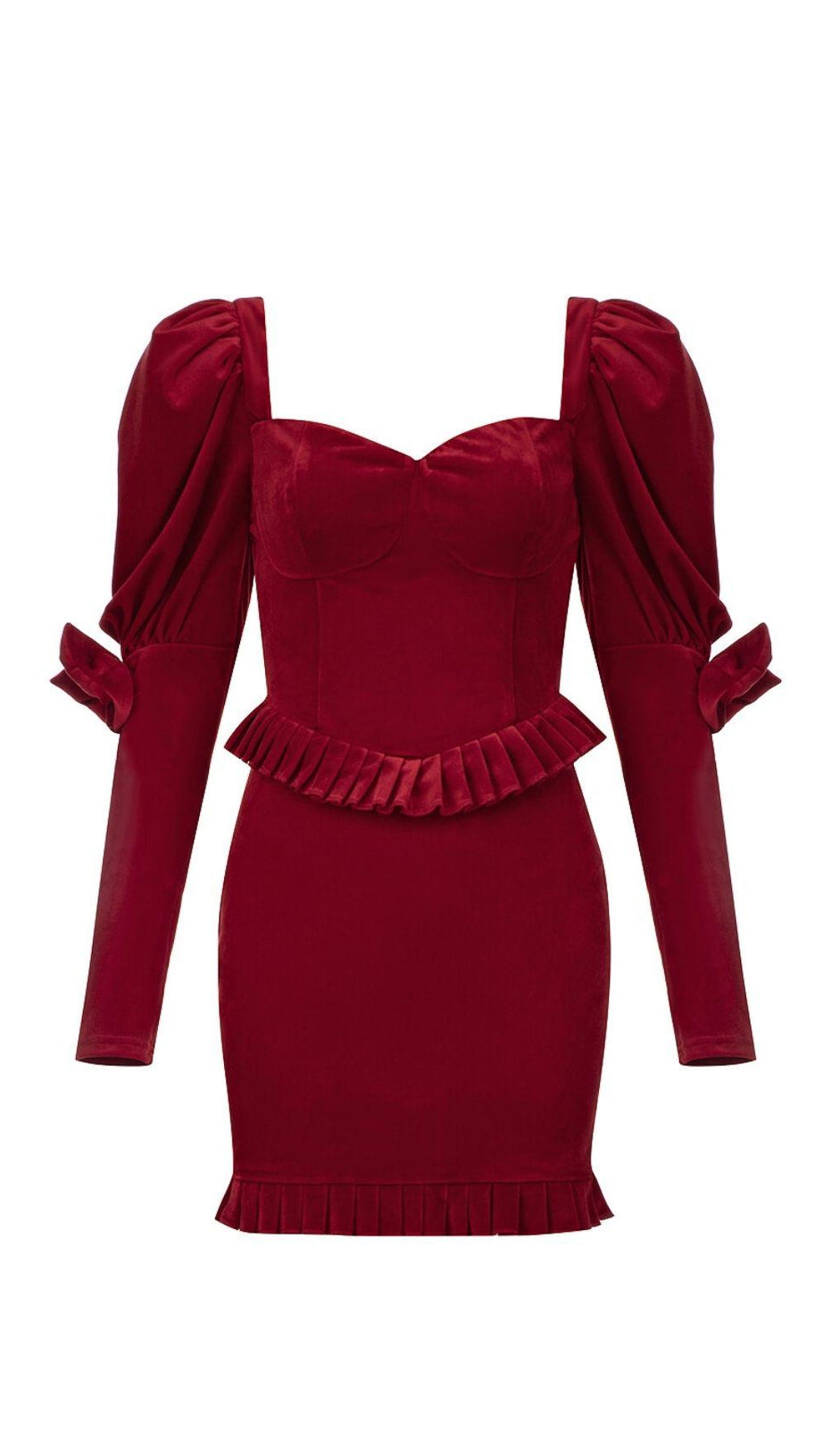 VELVET PUFF SLEEVE MINI DRESS IN WINE RED