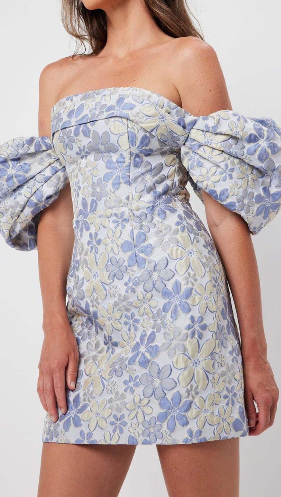 PUFF FLORAL PRINT MINI DRESS IN BLUE