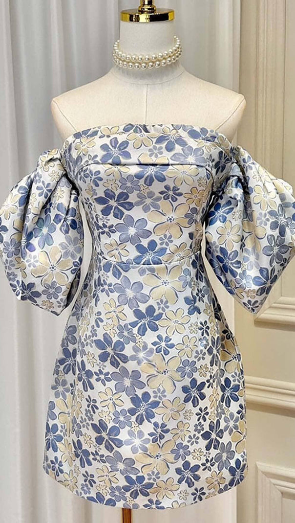 AIIZIE PUFF FLORAL PRINT MINI DRESS IN BLUE - product image