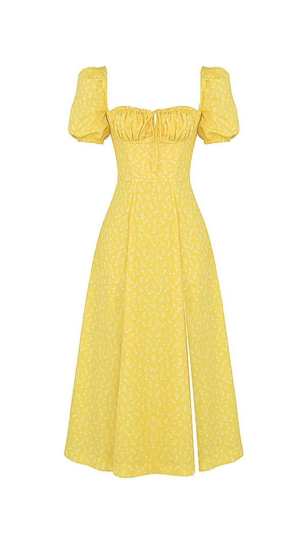 AIIZIE VINTAGE FLORAL PUFF SLEEVE MIDI DRESS IN YELLOW - product image