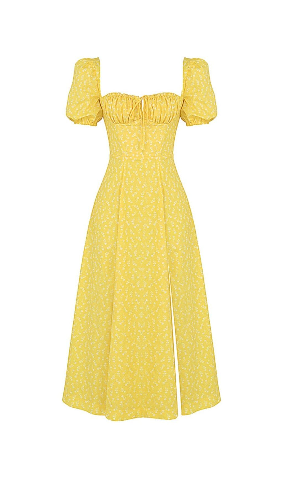 VINTAGE MIDIKLEID MIT BLUMENMUSTER UND PUFFÄRMELN IN GELB