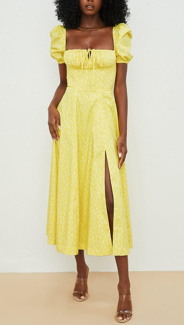 AIIZIE VINTAGE FLORAL PUFF SLEEVE MIDI DRESS IN YELLOW - product image