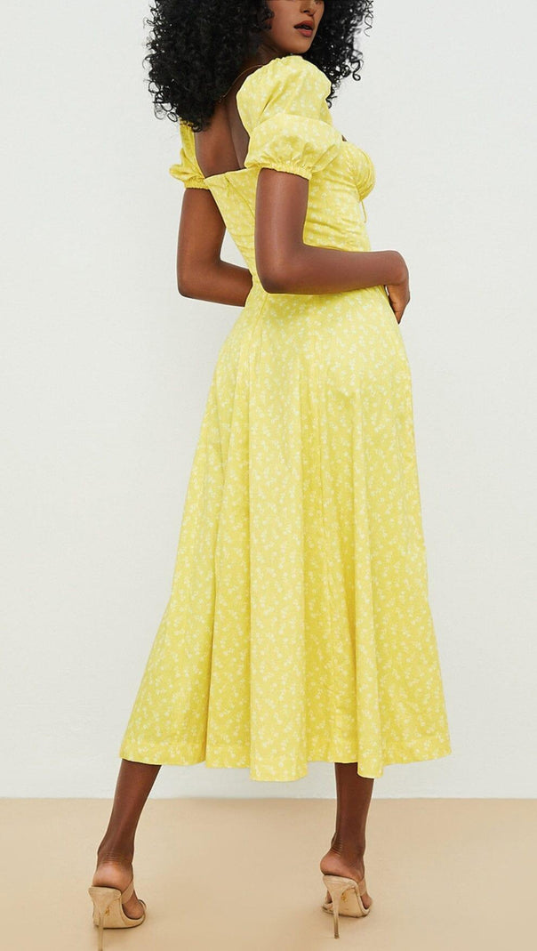 AIIZIE VINTAGE FLORAL PUFF SLEEVE MIDI DRESS IN YELLOW - product image