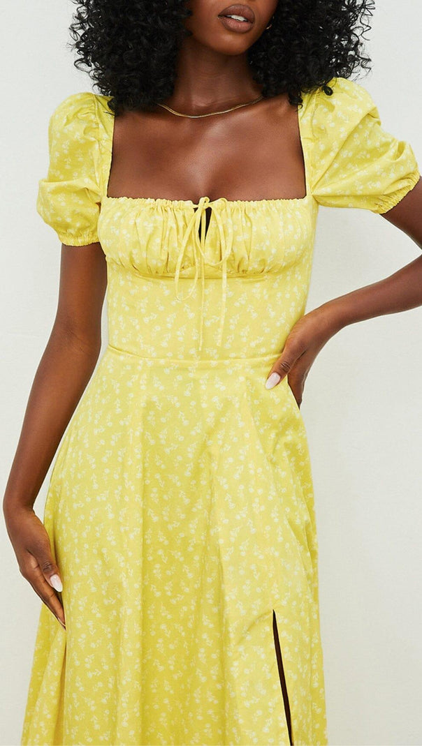 AIIZIE VINTAGE FLORAL PUFF SLEEVE MIDI DRESS IN YELLOW - product image