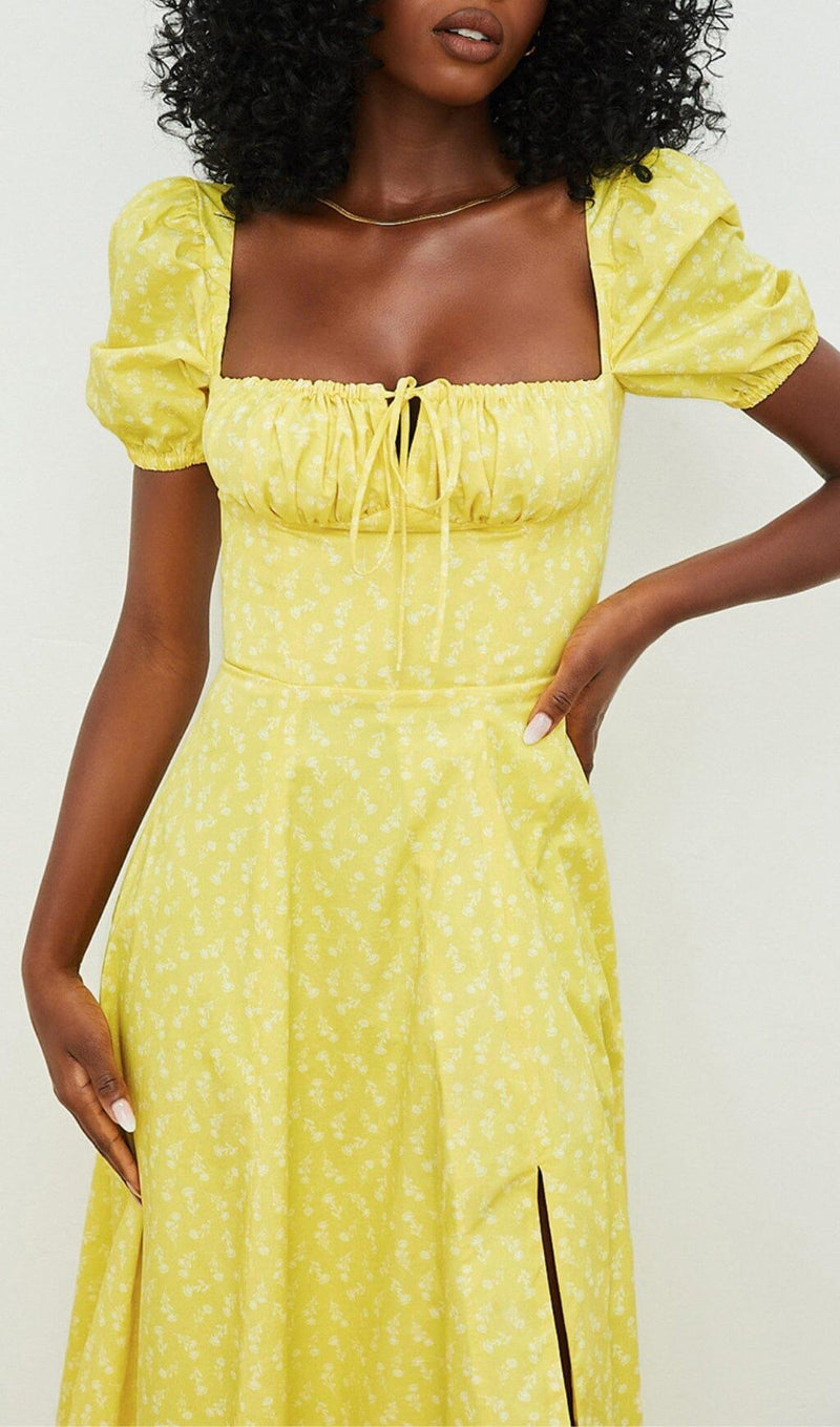 VINTAGE FLORAL PUFF SLEEVE MIDI DRESS IN YELLOW