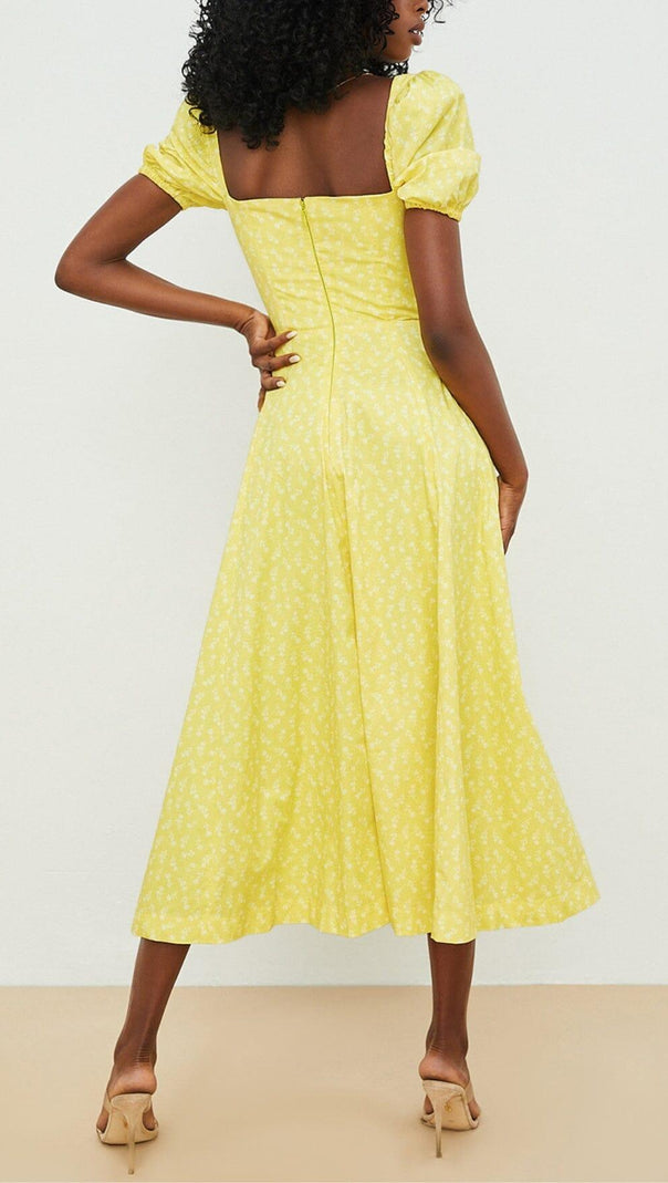 AIIZIE VINTAGE FLORAL PUFF SLEEVE MIDI DRESS IN YELLOW - product image