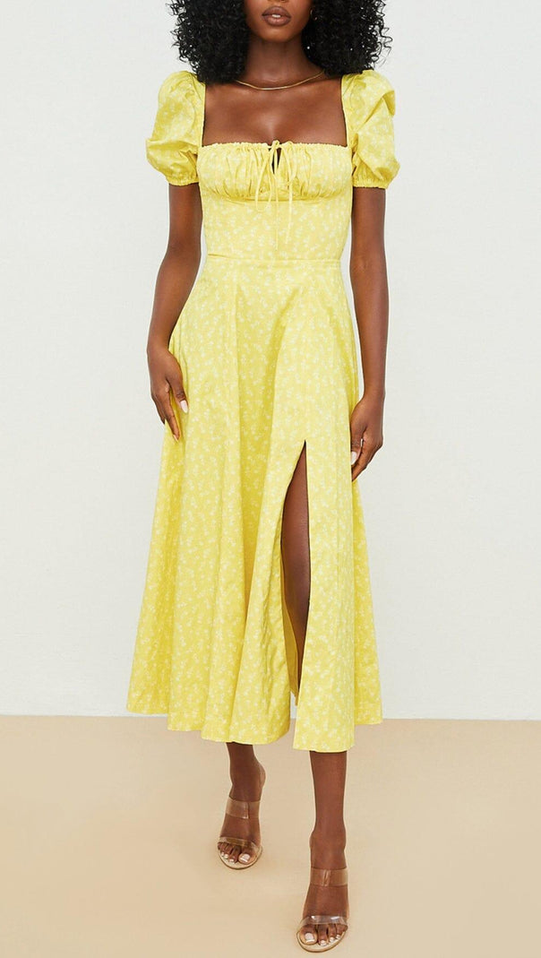 AIIZIE VINTAGE FLORAL PUFF SLEEVE MIDI DRESS IN YELLOW - product image