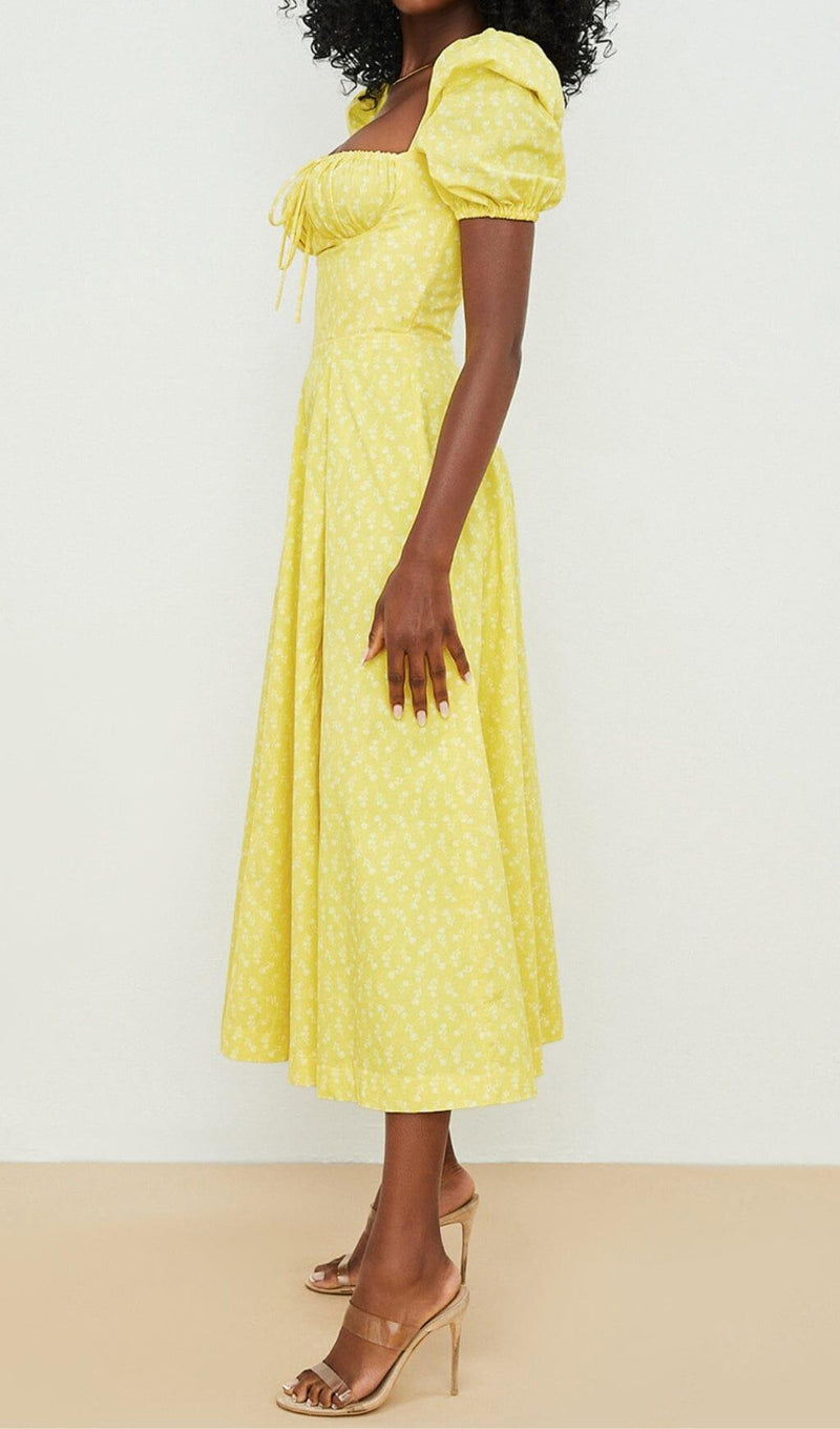 VINTAGE FLORAL PUFF SLEEVE MIDI DRESS IN YELLOW