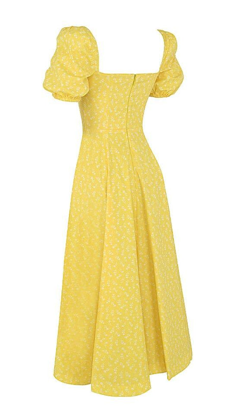 VINTAGE MIDIKLEID MIT BLUMENMUSTER UND PUFFÄRMELN IN GELB