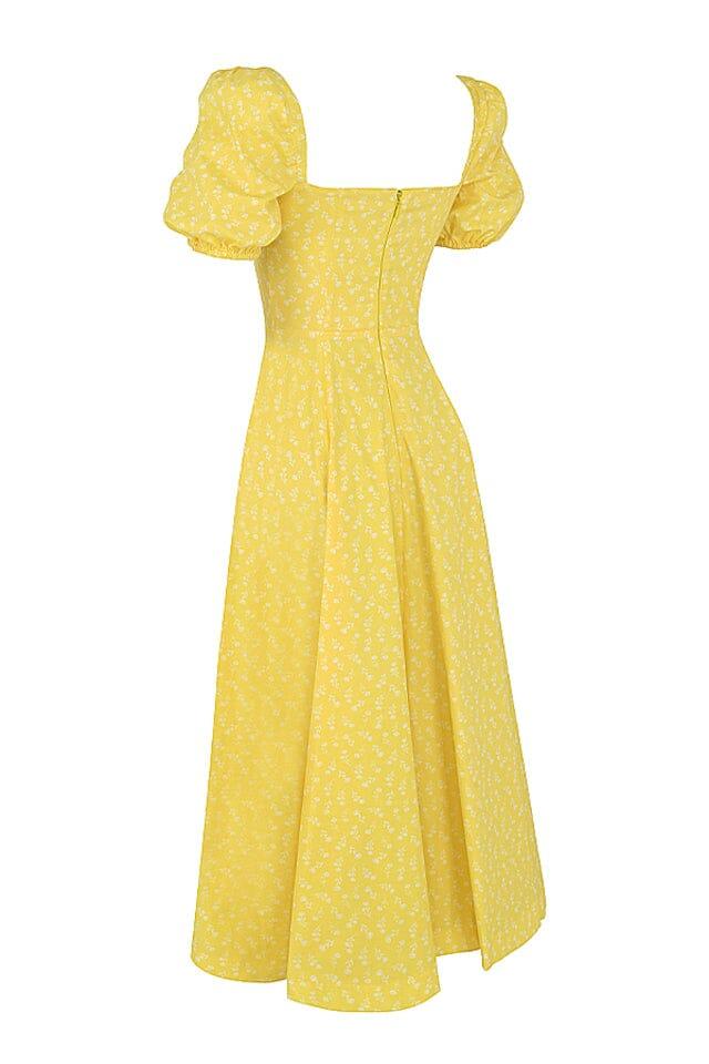 AIIZIE VINTAGE FLORAL PUFF SLEEVE MIDI DRESS IN YELLOW - product image