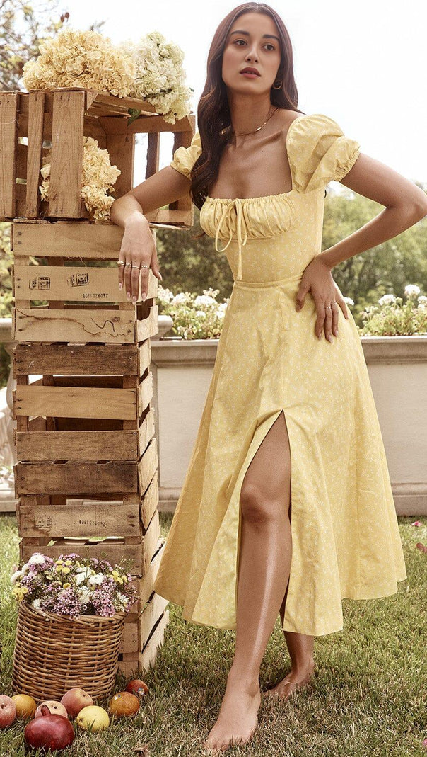 AIIZIE VINTAGE FLORAL PUFF SLEEVE MIDI DRESS IN YELLOW - product image