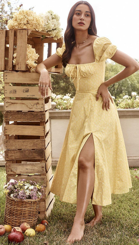VINTAGE MIDIKLEID MIT BLUMENMUSTER UND PUFFÄRMELN IN GELB