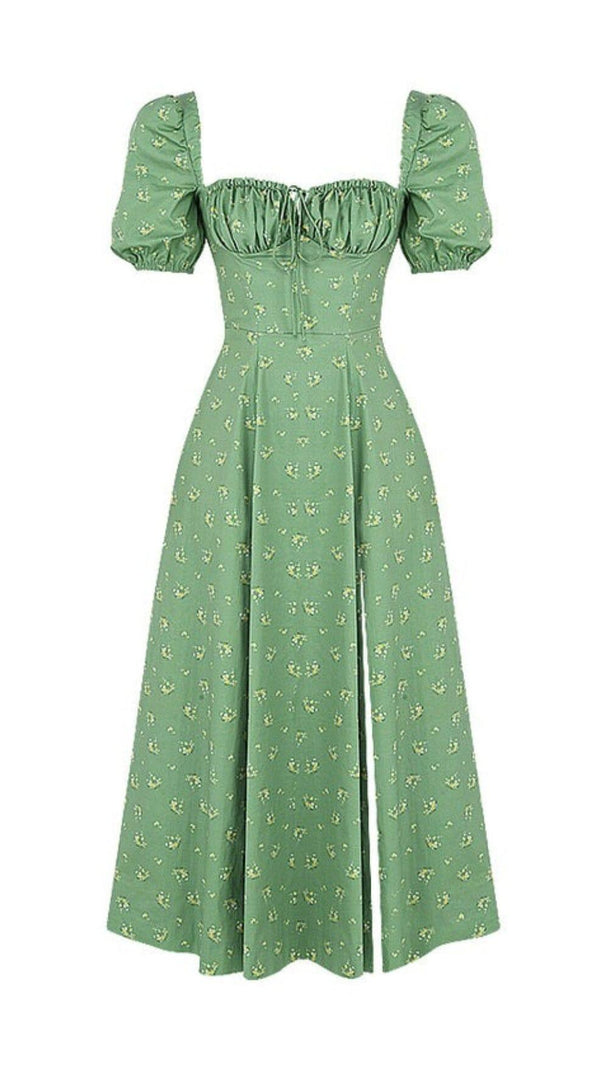 AIIZIE VINTAGE FLORAL PUFF SLEEVE MIDI DRESS IN GREEN - product image
