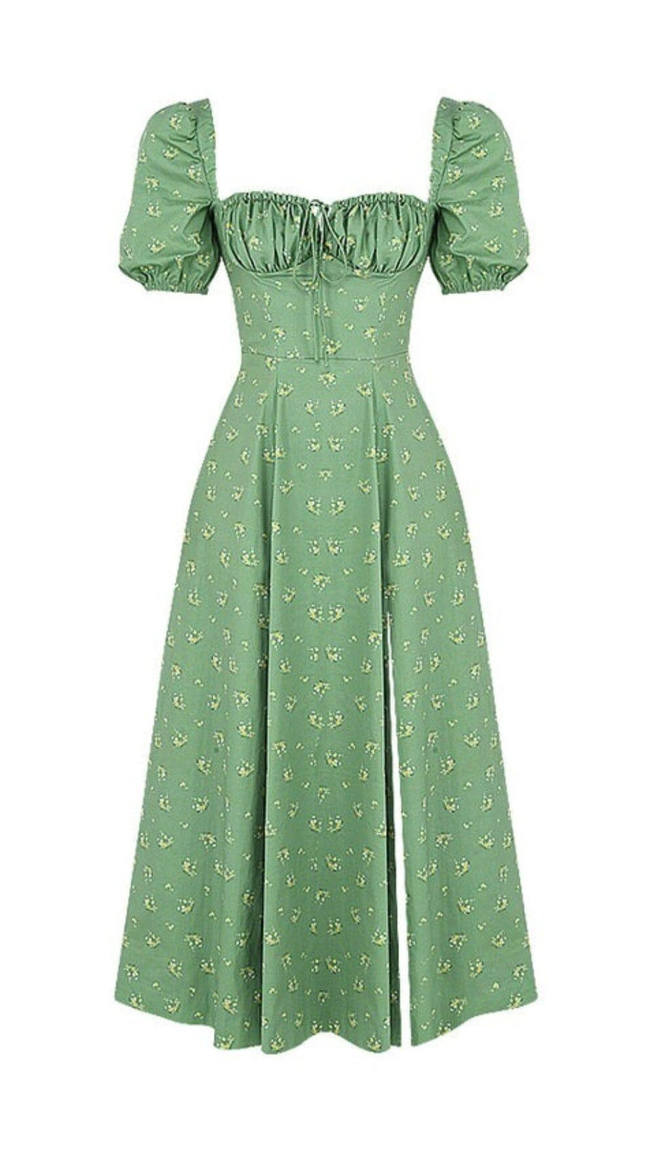 ABITO MIDI VINTAGE CON MANICHE A SBUFFO E FIORI IN VERDE